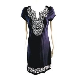 INC International Concepts Women's Navy-Blue Embroidered Collar and Hem Dress